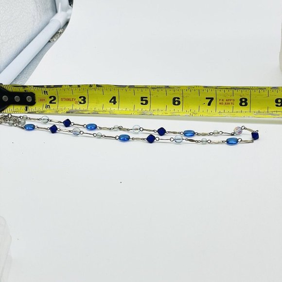 Blue Bead Station Necklace Silver Tone Classic Career Cosplay LARP Sparkle Glam - Picture 5 of 6